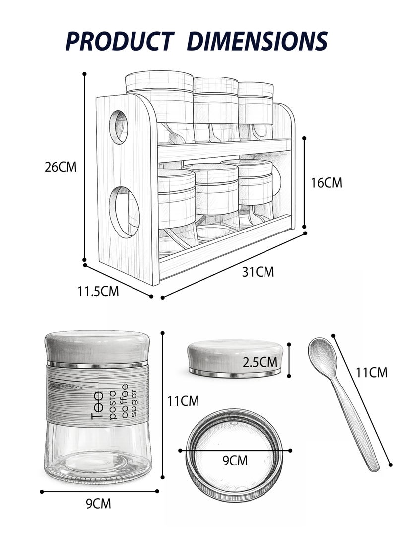 توشيونيكس رف توابل من الخيزران مع 6 برطمانات زجاجية للتوابل - منظم مطبخ من طبقتين مع ملاعق، برطمانات مُصنفة، أغطية بنمط الخيزران - طقم تخزين توابل عصري لسطح المطبخ - Image 2